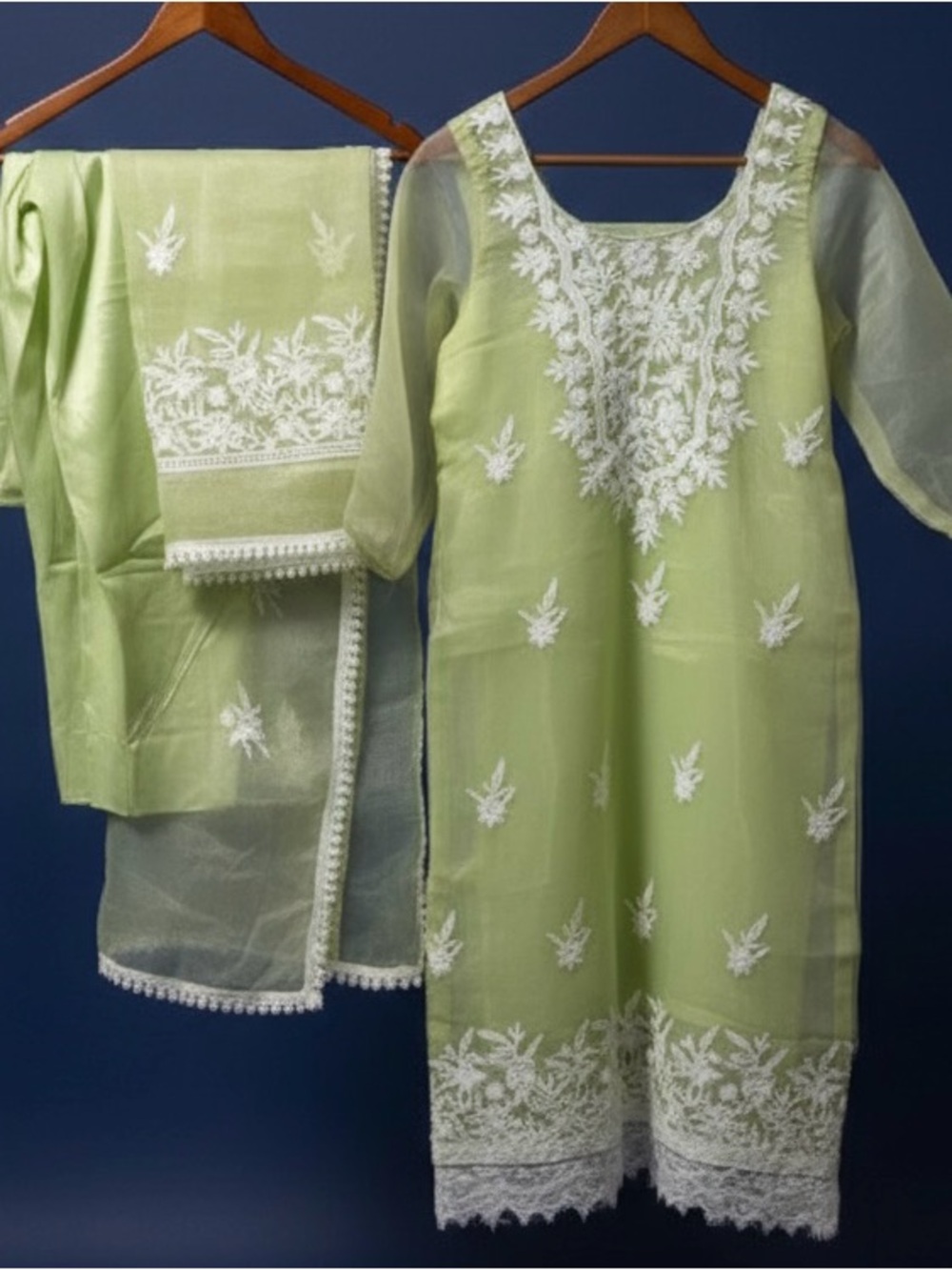 Light Green Embroidered Girls' Dress with White Lace Trim